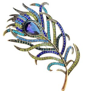 Colorful Crystal Peacock Feather Brooch – Blue & Green Statement Pin